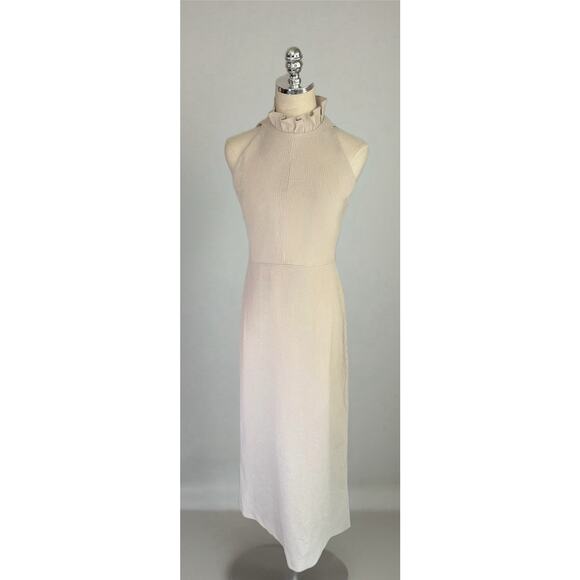 1970s Empire Waist Cream Gold Metallic Ruffle Turtle Neck Maxi Dress Mod Medium - Picture 1 of 16